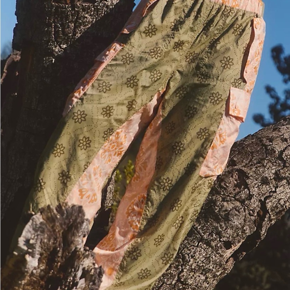 Free People Olive Green and Peach Floral Patchwork Pants